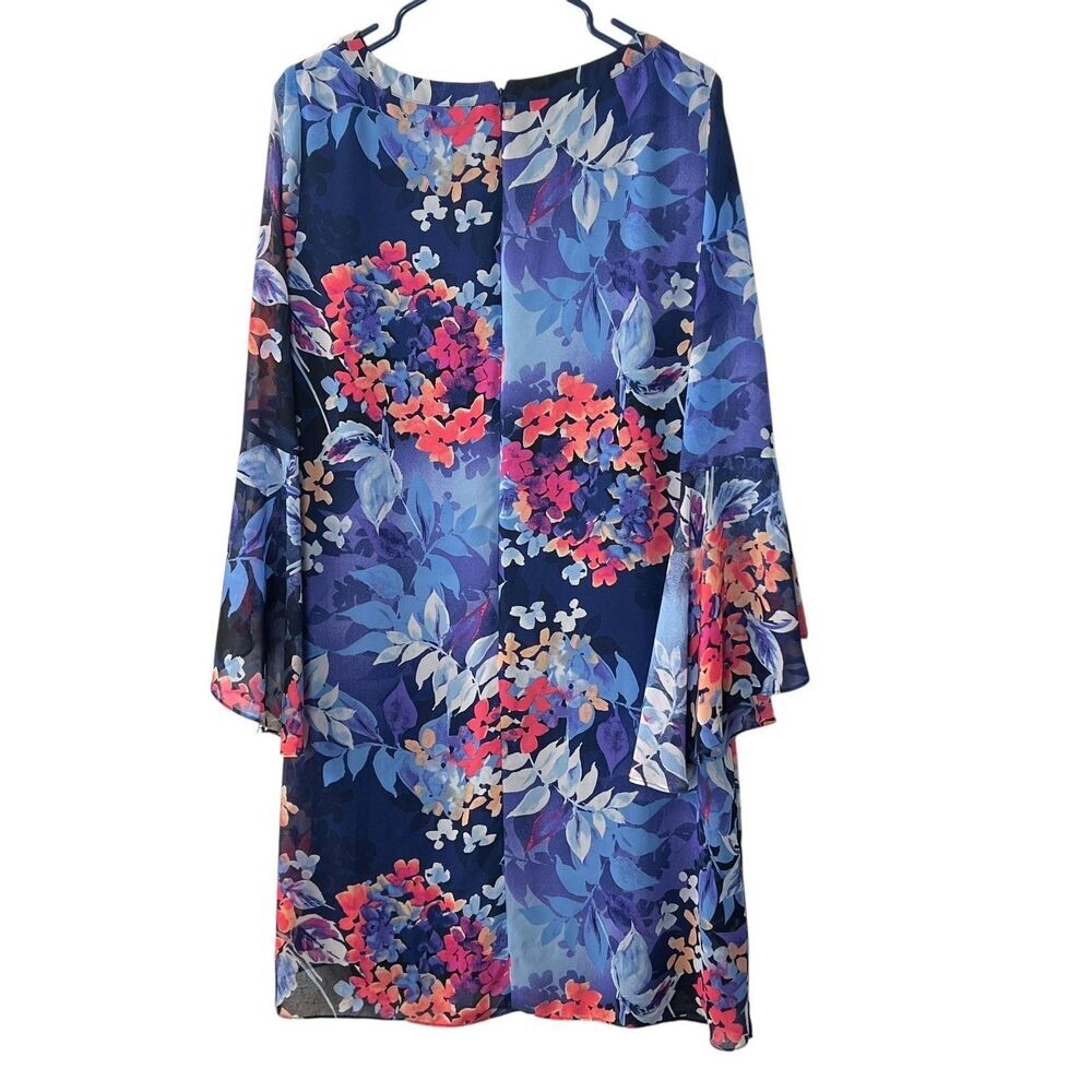 Roz & Ali Women's Floral Print Dress Size 14 Long Sleeve Sheer Overlay Navy Blue - Picture 2 of 10